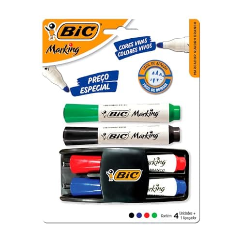 Kit 4 Marcadores de Quadro Branco + Apagador BIC