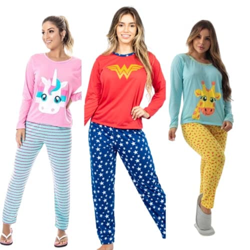 Pijamas Longos Femininos Estampados Kit 3 Peças