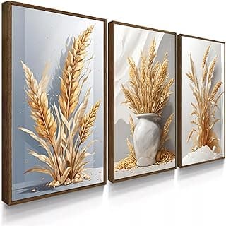 Kit 3 Quadro Decorativo Trigo Branco Dourado